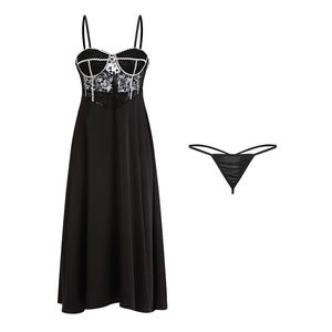 Vente en gros de vêtements de nuit sexy pour femmes, robe de nuit en dentelle et soie, pyjama, chemise de nuit brodée en dentelle, robe de nuit longue - Product Image 6