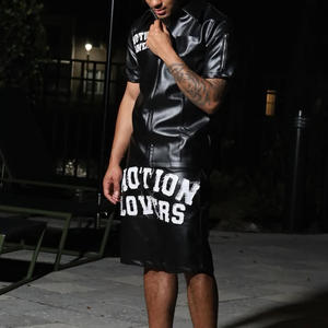 Oyalamak erkek deri şort takımı Zip up yaka kısa kollu T-shirt ve şort 2 adet deri eşofman takımı - Product Image 4