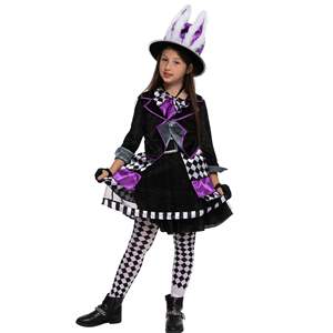 Ensemble de déguisements de <span class=keywords><strong>chapelier</strong></span> <span class=keywords><strong>fou</strong></span> noir et violet pour Halloween robe fantaisie pour filles avec chapeau à oreilles de lapin chaussettes à carreaux robe de bal de fête d'Halloween - Product Image 2