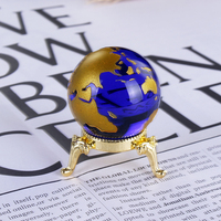 Vente flash Boule de cristal bleue EARTH Boule de verre gravée à l'or Globe sphérique Poids-papier Décoration de bureau