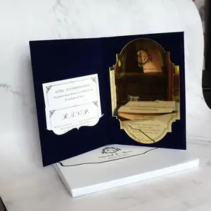 2021 무료 디자인 진한 파란색 벨벳 소책자 결혼식 초대장 거울 아크릴 카드 약혼 새겨진 텍스트