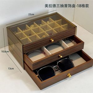 Walnut Wood Three Drawer Jewelry <b>Box</b> With Glass Top For <b>Earrings</b> Necklaces Rings Storage Organizers - Product Image 3