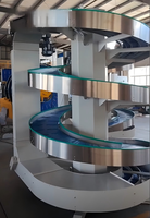 Tour de convoyeur à spirale verticale personnalisée, élévateur modulaire en plastique à chaîne spirale pour bouteilles d'huile comestible et boîtes en carton