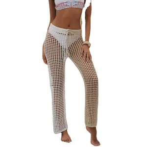 2022 Custom Wrap Casual White Ladies Y2K Knit Boho Transparent Hollow Out Sexy Women Patchwork Mesh Net Crotchet Beach Pants