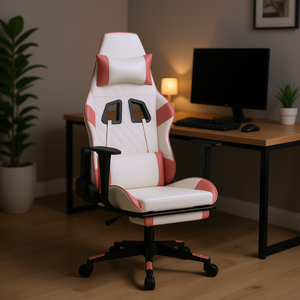 White And Pink Faux Leather <b>Gaming</b> Chair With 4D Armrests Manual Recline Swivel Base For Home Office Use - Product Image 2
