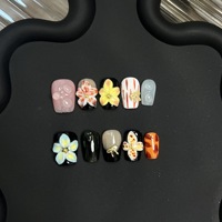 Uñas Postizas Hechas a Mano con Diseño de Ataúd, Flores Esculpidas en 3D, Arte Pop Vanguardista con Gotas de Agua y Lazos Dorados, Uñas Artísticas