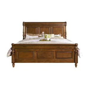 سرير خشبي كلاسيكي كلاسيكي من المصنع للبيع بالجملة ، سرير مزلقة بسيط منحوت m king بحجم عتيق من الخشب الصلب