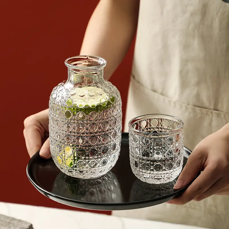 주스 차 음료 용기 냄비 컵 대용량 투명 컬러 유리 투수 레트로 양각 다이아몬드 주전자 컵 세트