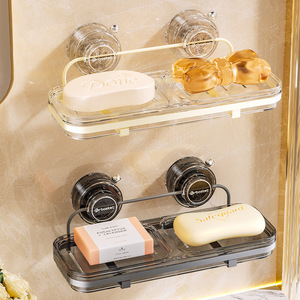 Suction Cup Soap Dish Wall Mounted Double Compartment Self Drain Transparent And Black Plastic Bathroom Soap Holder - Product Image 1