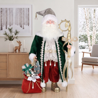 Estatua de Papá Noel de 36 pulgadas de terciopelo esmeralda y brocado plateado, con bastón dorado y saco rojo, para exhibición de lujo