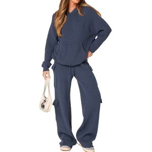 Nouveautés ensemble de pulls en tricot pour femmes couleur unie coupe ample à la mode à capuche anti-boulochage poche anti-boulochage pour femmes - Product Image 1