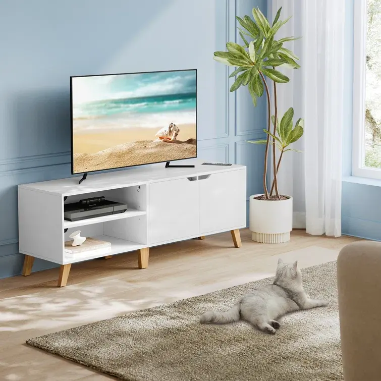 Meuble TV pour téléviseurs jusqu'à 65 pouces Fabriqué à partir de panneaux de particules durables et élégant en bois massif Meuble TV de style Mid-Century