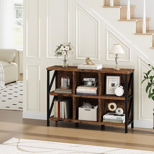 6-Cube Modern Industrial Horizontal <strong>Bookshelf</strong> Thick Wooden Low &amp; <strong>Long</strong> Bookcase with Metal Frame Storage Organizer - Product Image 3