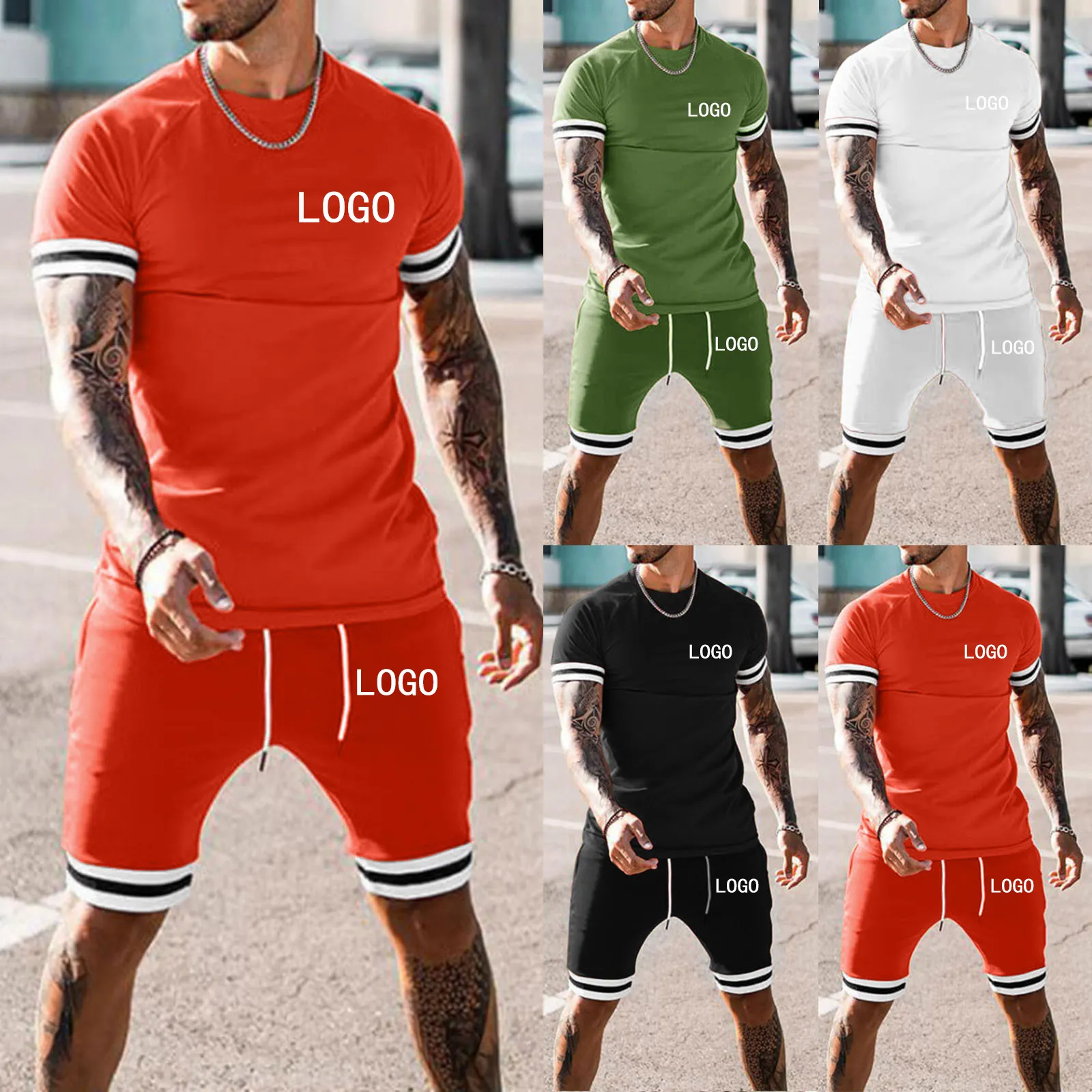 Conjunto curto para homens jogging wear logotipo personalizado treino private label suor faixa terno conjunto shorts calças homens verão t shirt