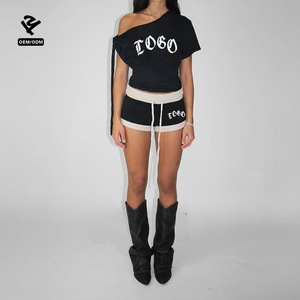 T-shirt <span class=keywords><strong>monospalla</strong></span> personalizzata a manica corta in cotone a costine, top slim fit casual streetwear da donna, pullover estivo sexy - Product Image 3