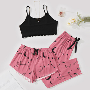 Nuovi Arrivi: <span class=keywords><strong>Pigiama</strong></span> da Donna con Shorts e Top Halter, Set da 3 Pezzi con Fiocco e Motivo a Fiori di Ciliegio, Abbigliamento da Casa Sexy - Product Image 2