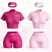 Conjuntos Deportivos de 3 Piezas para Mujer con Logotipo Personalizado, Top Corto con Cierre y Manga Corta, Pantalones Cortos de Cintura Alta con Estampado de Leopardo, Diadema, Ropa Deportiva