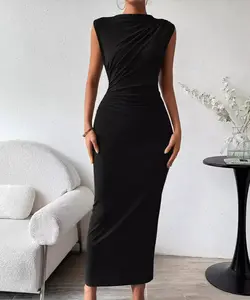 فستان طويل سادة بدون أكمام أسود مخصص