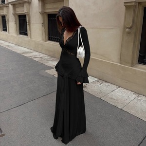 2026 Nieuwe Herfst Groothandel Witte Kant V-hals Jurk Dames Bell Sleeve Geruite Taille Strik Gedrapeerde Paneel Getailleerde Zeemeermin Maxi Lange Jurk - Product Image 5