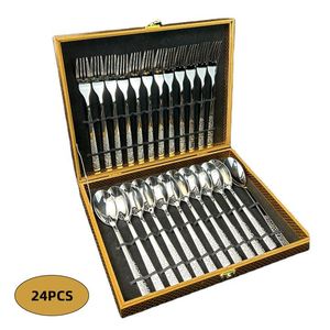 Ensemble de couverts de mariage haut de gamme de 24 pièces, fourchettes, cuillères, boîte en bois dorée, couverts en acier inoxydable - Product Image 1