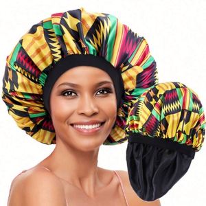 Bonnet de nuit imprimé motif africain double couche pour femme avec bande élastique en satin, idéal pour le quotidien et toutes les saisons - Product Image 1
