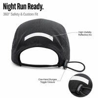 Casquette de camping 5 panneaux personnalisable avec logo, réfléchissante, haute performance, perforations laser, visière plate, cordon élastique, noire