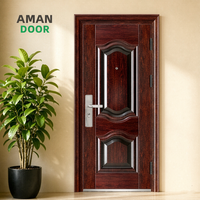 Porte de sécurité en acier grain de bois rouge foncé, panneaux ondulés bicolores gaufrés, poignée œil-de-chat argentée, classique, extérieur, best-seller Afrique