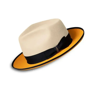 Yellow Wool <b>Fedora</b> Hat With Black Band And <b>White</b> Brim Unisex Adult Size 56-58CM Casual European Style - Product Image 2