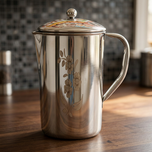 Stainless Steel Water Jug with Floral Design Lid Classic Home <b>Drinkware</b> <b>Accessory</b> Reusable Metal Pitcher - Product Image 4