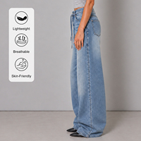 Jeans pour femmes à marque privée, respirants, coupe oversize, bleu moyen, jambe large, en maille extensible