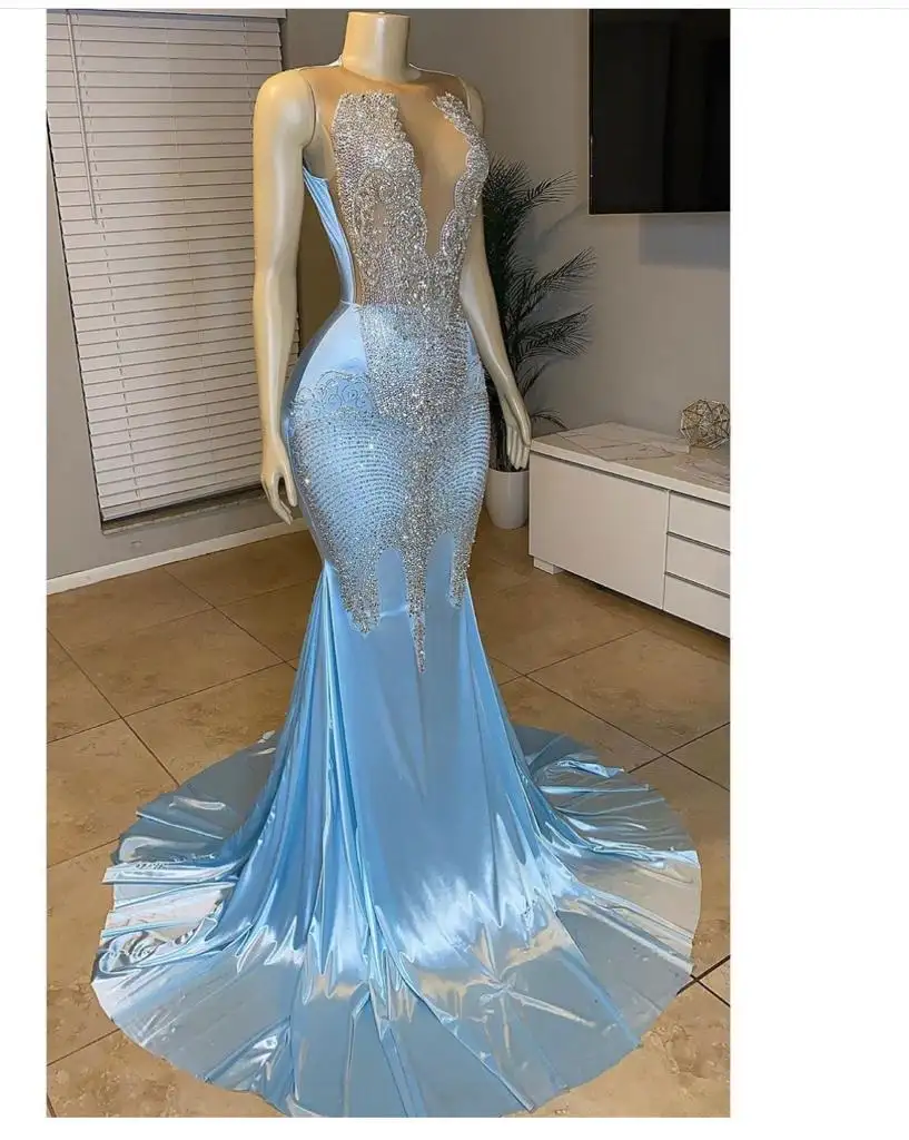 OCS Sky Blue Ball Gown Prom Dresses 2023 Black Girls Evening Gowns Sexy Rhinestone Mermaid Wedding Dress Bridal Party Maxi Dress