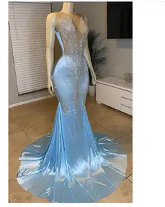 OCS bầu trời màu xanh bóng Gown prom Dresses 2023 Đen cô gái buổi tối Áo sexy Rhinestone Nàng Tiên Cá Wedding Dress Bridal Party Maxi Dress