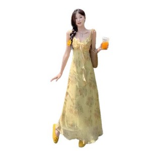 Vestido Maxi Amarillo Floral con Cuello en V, Cintura Natural, Largo Medio, Transpirable, Elegante, Ajustado, Sin Mangas, Estilo Vintage, Moda de Verano - Product Image 5