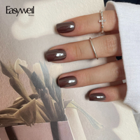 Nouveauté Easywell – Ongles à poser carrés courts, couleur café foncé uni, finition brillante, style minimaliste, effet verre chromé – Vente en gros OEM/ODM