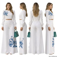 Conjunto de Dos Piezas para Mujer, Top Corto con Estampado Floral, Pantalones Anchos, Estilo Formal de Oficina, Elegante, Blanco y Azul, Artístico, de Lujo, Personalizado, Jinyuan