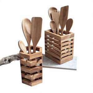 Organisateur de couverts en bois carré sur pied pour ustensiles de cuisine, fait main, style moderne, à un seul niveau, multifonction, robuste - Product Image 2