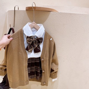 Girls School Style Shirt Pleated Skirt Set Brown Three Piece Cotton Kids Outfit JK Uniform - Product Image 3