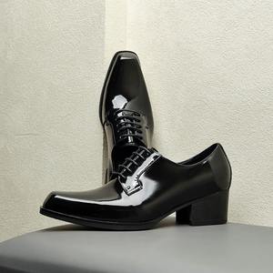 <b>High</b>-<b>heeled</b> toe leather <b>shoes</b> for <b>men</b> shiny chrome finish genuine leather heightening effect derby style breathable material - Product Image 4