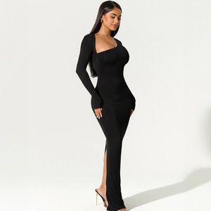 Nouvelle robe sexy moulante à manches longues pour l'automne, avec col oblique et fente au dos, pour femmes - Product Image 3