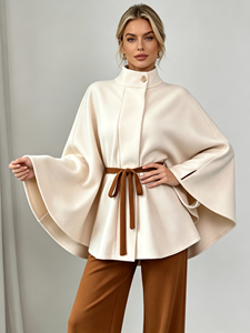 Ensemble deux pièces mode pour femme, col montant, manches chauve-souris, manteau cape et pantalon large, direct usine, service personnalisé - Product Image 3