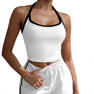 Women White Striped O-Neck Halter Sleeveless Knitted Sporty Crop Top Shorts Set Breathable Regular Fit Spring Summer Wear - Product Image 1