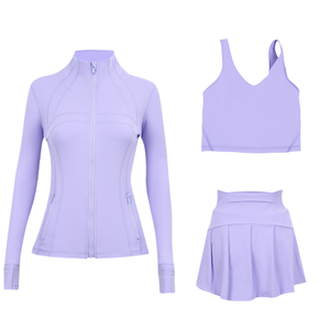 Ensemble 3 pièces unisexe : Veste respirante coupe-vent à col montant, Gilet à col en U, <span class=keywords><strong>Mini</strong></span>-<span class=keywords><strong>jupe</strong></span> – Tenue de yoga ajustée avec fermeture éclair dorée - Product Image 6