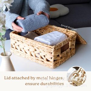 Chi An Home Rattan <b>Storage</b> <b>Basket</b> With Lid Rectangle Eco-Friendly Household Organizer For Toys Cosmetics Desktop Use - Product Image 3