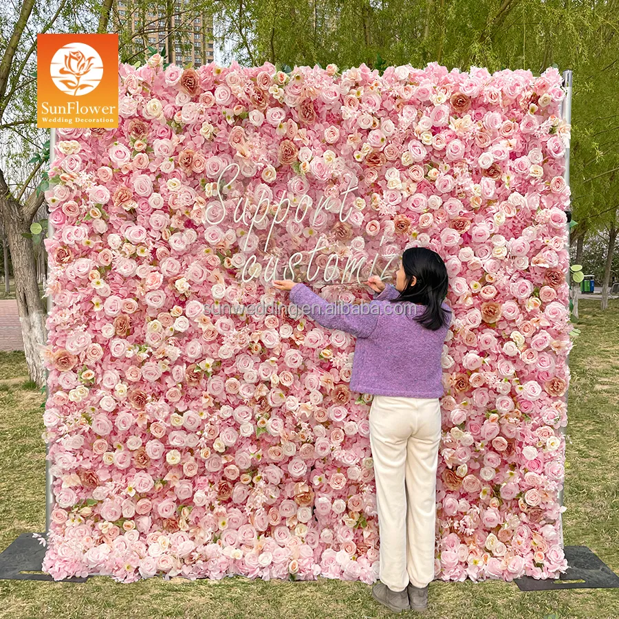 Sunwedding Roll Up Wall 8*4 ft Artificial Silk Flower Wall Wedding Decoration Pink Wall Panel Backdrop