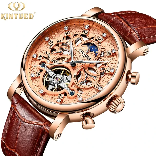 Kinyued J026 026 Original Factory Hot Sale Luxury Gold Watches Genuine Leather Fashion Casual Automatic Mechanical Watch for Men