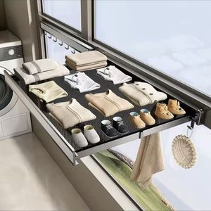 Filet de séchage en aluminium <span class=keywords><strong>pour</strong></span> balcon Fenêtre non perforée Conception télescopique pliante <span class=keywords><strong>pour</strong></span> chaussettes et chaussures peu encombrantes Vêtements dans la salle de bain - Product Image 1