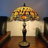 Lampu Meja Gaya Eropa 16'' Desain Kaca Patri Capung dengan Alas Resin, Lampu LED DC Ramah Mata untuk Ruang Belajar, Ruang Makan, Ruang Tamu