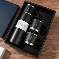 Botol Termos Kopi Stainless Steel 16oz Vakum Terisolasi, Mug Perjalanan dengan 2 Cangkir, Botol Air Dinding Ganda, Tumbler Panas Dingin