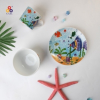 Bol et assiette en céramique de style zoo animal de dessin animé pour bébé, ensemble de tasse, ensemble de dîner en porcelaine pour enfants avec plat d'alimentation pour la maison