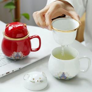 Juego de Tetera y Taza de <span class=keywords><strong>Kungfu</strong></span> Rojo, Blanco, Azul y Verde, con Filtro, Portátil para Oficina, Linda Taza de Té de Cerámica de Porcelana con Asa y Diseño de Gato de la Suerte - Product Image 3